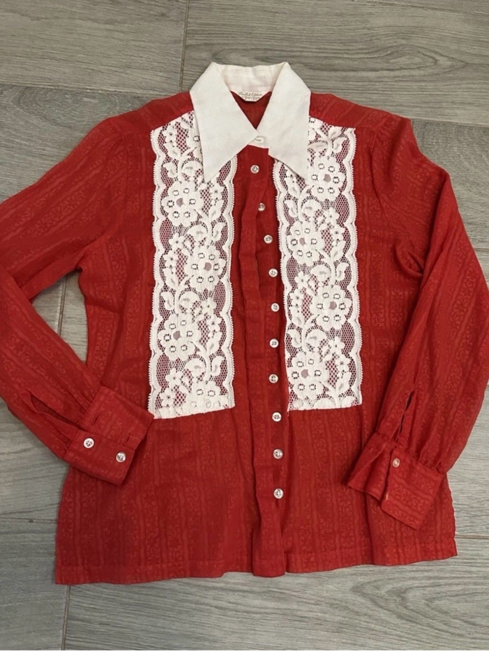 Vintage Limited Edition Red Lace-Panel Button Down Blouse White Pointed Collar